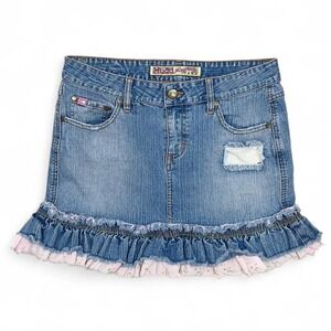 Vintage Y2K Mudd Mini Denim Jean Skirt Low Rise Womens 5 Ruffles Floral Preppy‎